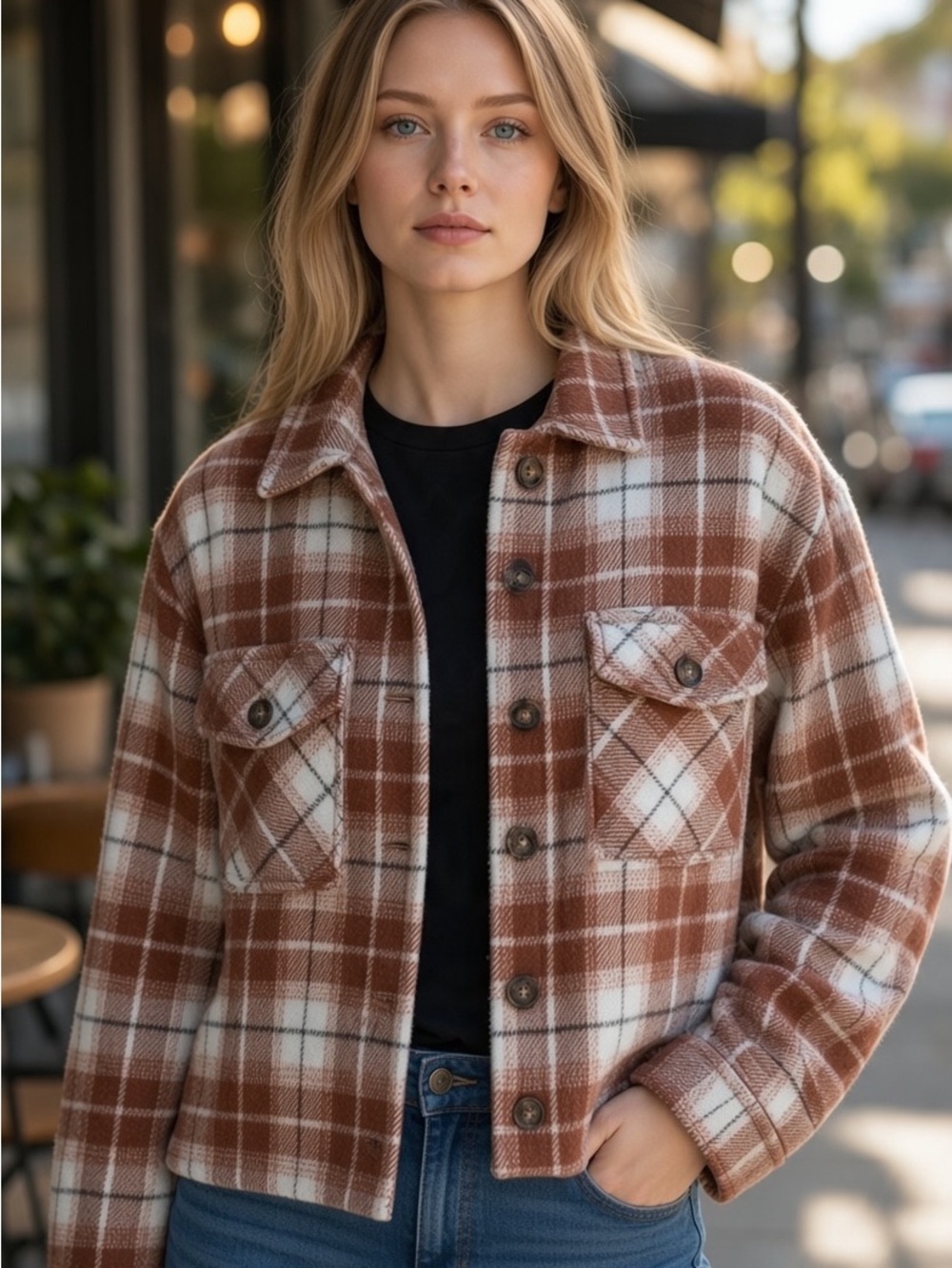 Love Tree Crop Flannel Fall Autumn Pumpkin Patch Shacket Cropped Button Jacket